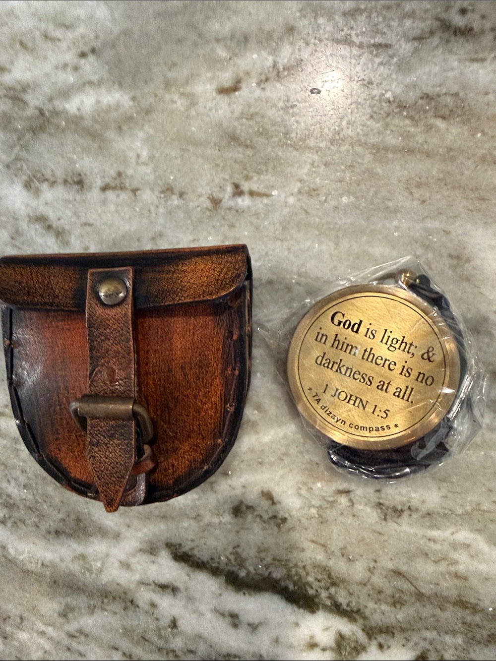 Brass Compass Keychain with Brown Leather Pouch - Inspirational Engraving